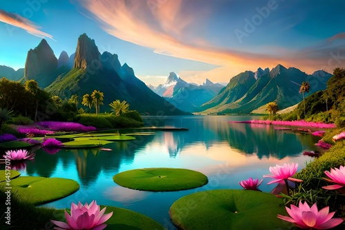 Tropical flower garden, oasis, stream, pond, lilly pads, lotus flowers, orchids, a rocky mountain range of New Europa, Terraformed Landscape, 