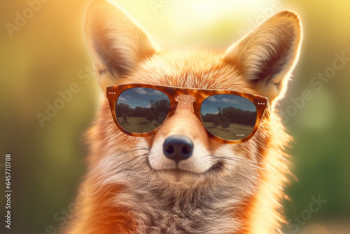 A portrait of a cute fox with sun glasses - Generative AI