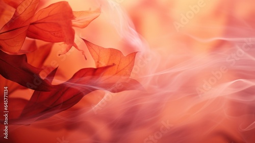 Autumn background  web design banner with red autumn leaves and color smoke. Autumn mood flame flow mystic atmosphere nature background