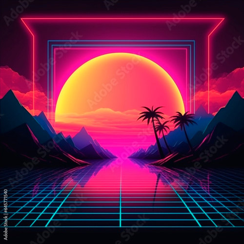 Digital synthwave road with mountains and palm trees background. Neon 3d straight grid highway going into purple sunset with futuristic laser design from the 80s