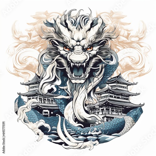  Japanese art style large dragon with claws flying with a temple in the background for a t shirt design, contour, white background