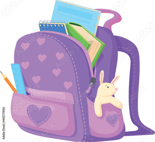 Full school backpack cartoon icon. Girlish student bag