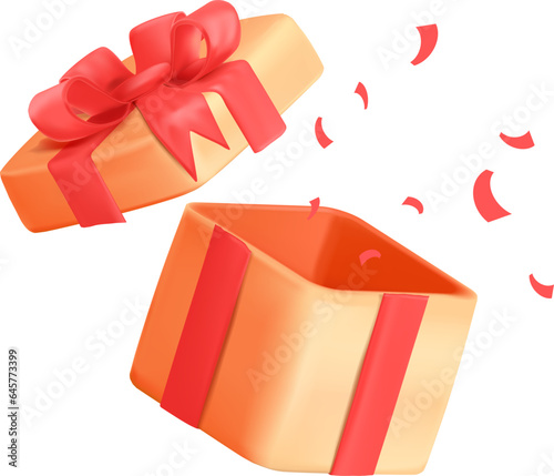 Open gift box with confetti burst. Surprise present