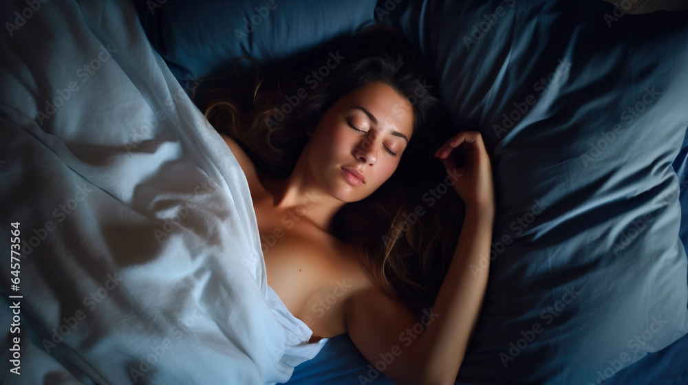 Close up above view of beautiful young woman sleeping naked under sheets at night Close up above view of beautiful young woman sleeping naked under sheets at night