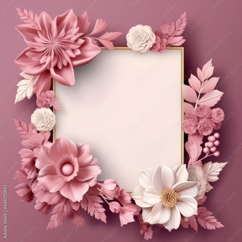 Piones flowers pink square frame. Generative AI image weber.