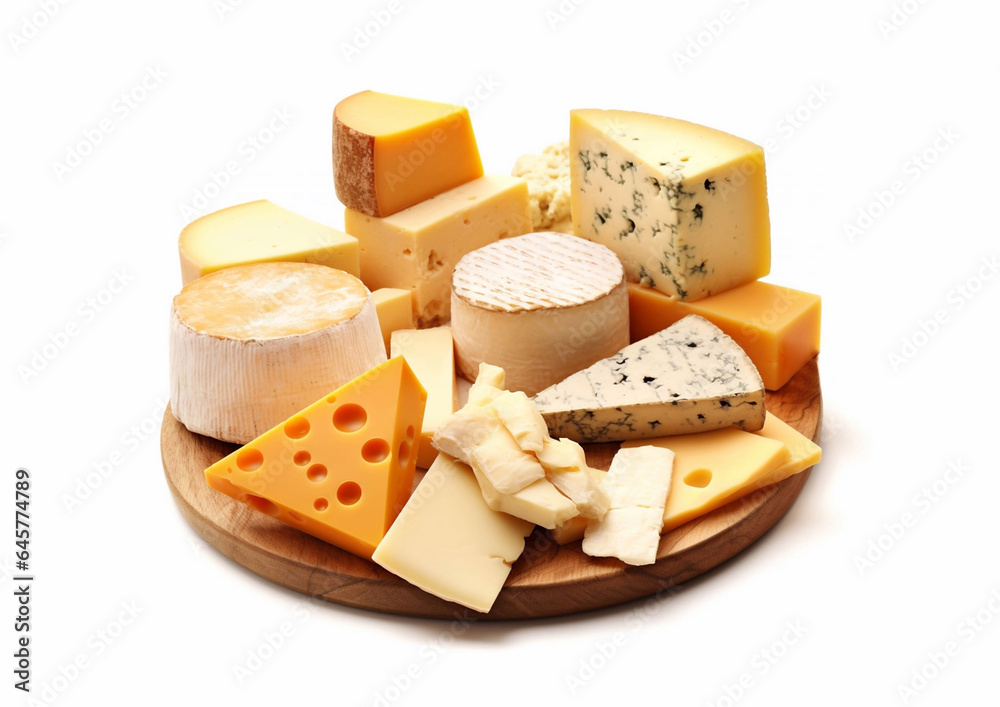 Assortment of cheeses on round wooden board on white background.Macro.AI Generative Assortment of cheeses on round wooden board on white background.Macro.AI Generative