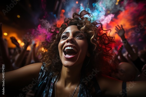 Exuberant young woman laughing and dancing amidst a crowd at a colorful, energetic music concer