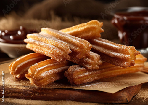 Churros sweet pastry with chocolate on cafe table.Macro.AI Generative