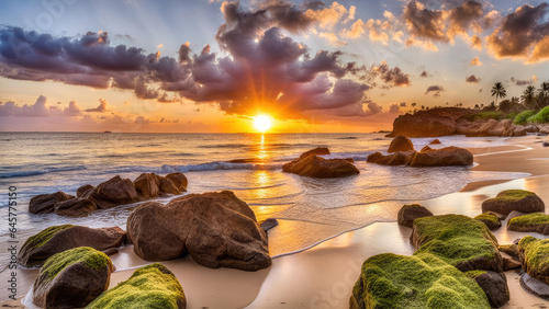 Landscape concept background of beautiful rocks on the beach at sunset