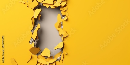 Breaking out of a hole in solid Yellow wall, torn hole, empty copy space frame, mockup. Generative AI image weber.