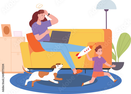 Stressful mother working from home in noisy house environment