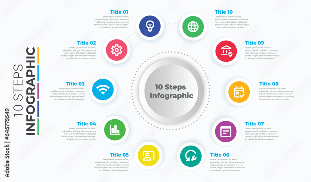 Vetor de 10 steps business progress infographic. 10 Points cyclic ...