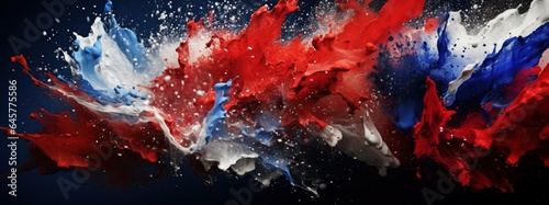 Labor day Red, White and Blue colored dust explosion background. Splash of American flag colors smoke dust on dark background, Independence Day, Memorial Day patriotic abstract pattern