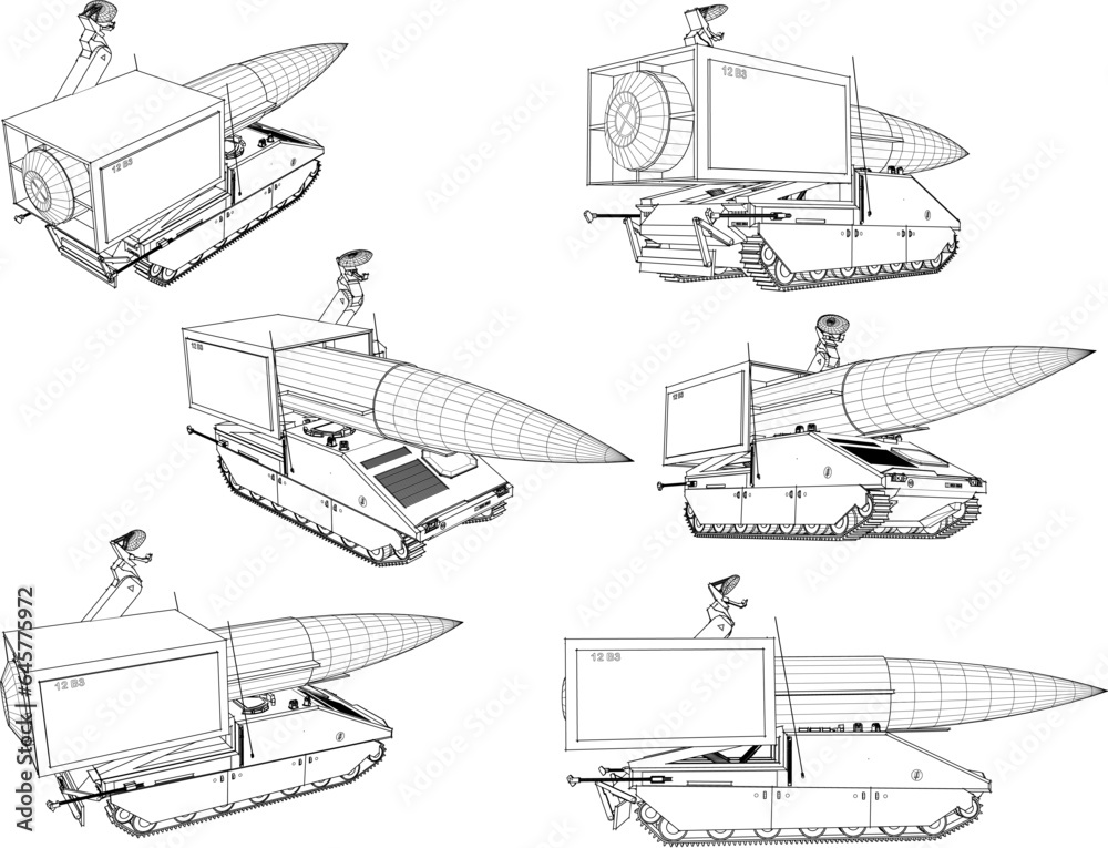 Obraz premium Vector illustration sketch of large size missile carrier combat vehicle design detail