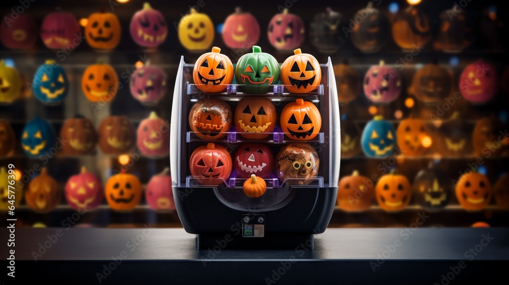 Halloween seasonal secret candy shop with vending machines full of spooky pumpkins and candies, colorful Halloween celebration background with copy space.