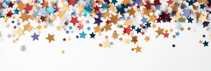 4th of July American Independence Day. Red, blue and white star confetti decorations on white background. Flat lay, top view, copy space
