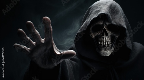 Grim reaper reaching towards the camera isolated on smoky scary dark background with copy space, Halloween poster idea.