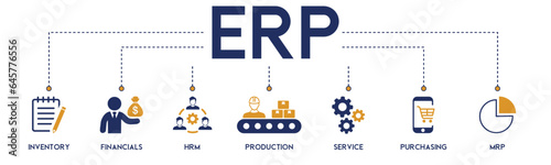 ERP banner website icon vector illustration concept for enterprise resource planning with icon of inventory, financials, hrm, production, service, purchasing, and mrp on white background