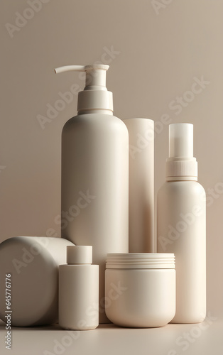 Blank white cosmetic bottle against beige background, Generative AI