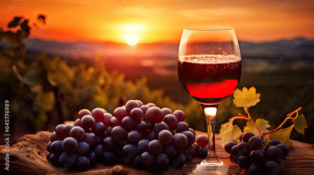 Grape field at sunset, bunches of grapes and glasses of red wine, generative ai