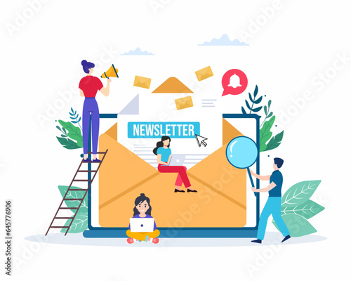 Business people working with envelope and newsletter subscribe Buttons Subscribe now to our newsletter