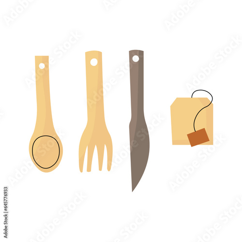 Food accessories set with knife and fork. Kitchen things for servings and tea package.