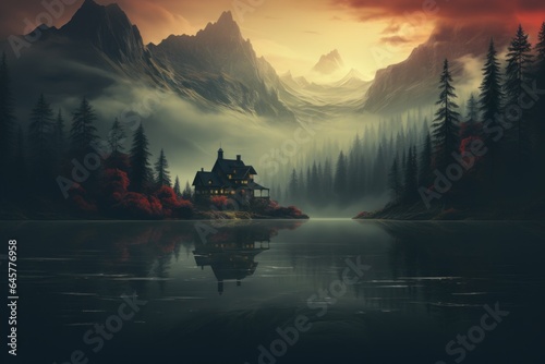 illustration of a scary house at night with fog. Concept of Halloween © jechm