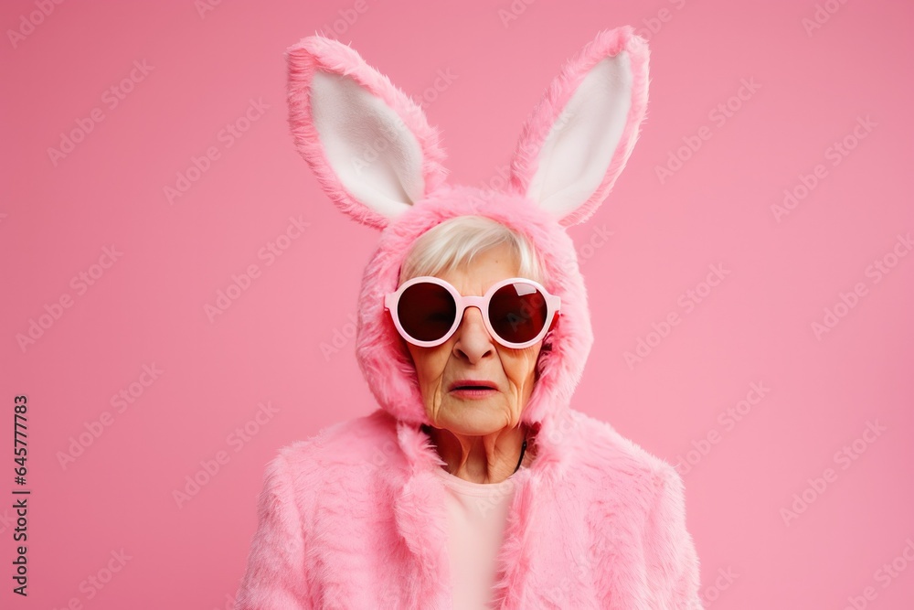 Mature Elderly Woman Dressed in a Bunny Suit on a Pink Background