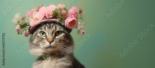 Cute Cat Dressed in a a Spring Hat on a Green Background with Space for Copy