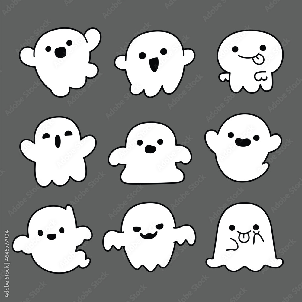 Obraz premium Set of Cute White Ghost in theme of Halloween. Vector illustration