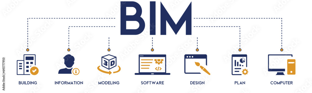 BIM banner website icon vector illustration concept for building information modeling with icon of building, information, modeling, software, design, plan, and computer on white background - obrazy, fototapety, plakaty 