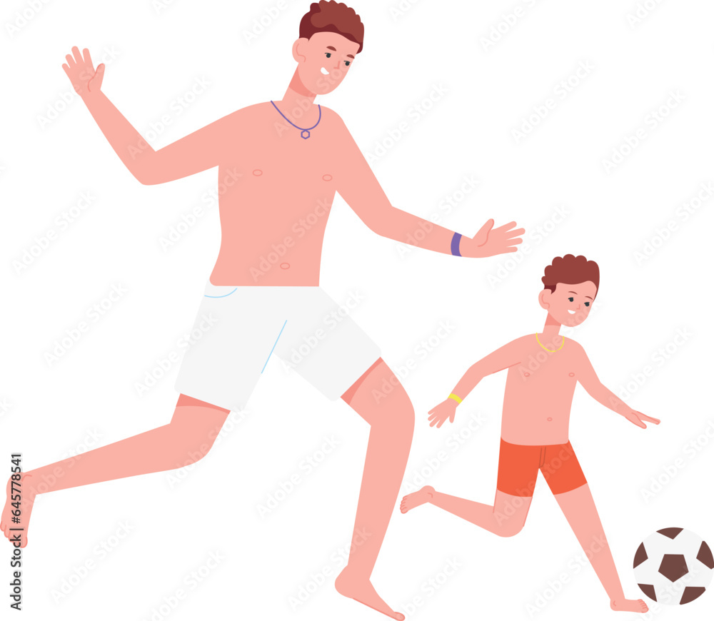 Father and son playing soccer. Family sport activity Father and son playing soccer. Family sport activity