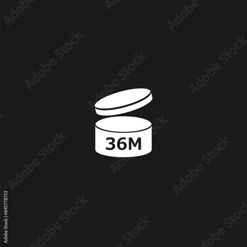 36 month black fill icon, period after opening symbol icon isolated on black background 