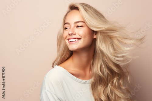 Beautiful smiling girl with blond hair. Stylish hairstyle curls done in a beauty salon. Happiness, self care, mental health idea