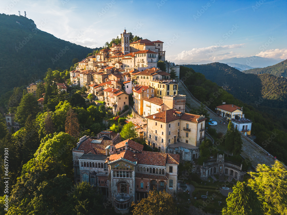 Obraz premium Aerial view of Sacro Monte di Varese during golden hour, Santa Maria del Monte, Varese, Italy