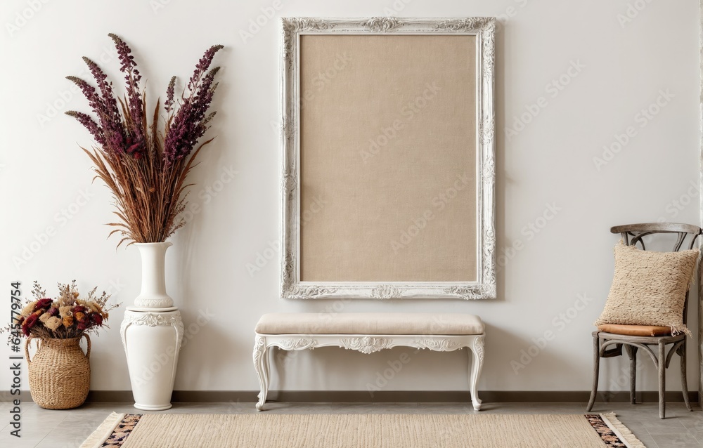 Ornate frame with beige matting on a white wall, with a white bench and plants - obrazy, fototapety, plakaty 