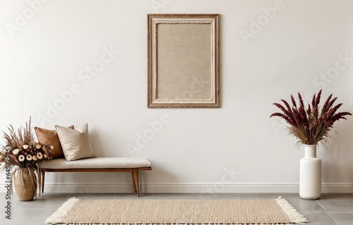 Ornate frame with beige matting on a white wall, with a white bench and plants