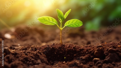 Sprout plantation concept, Coffee Bean seedlings on fertile soil nature background. Generative AI image weber.