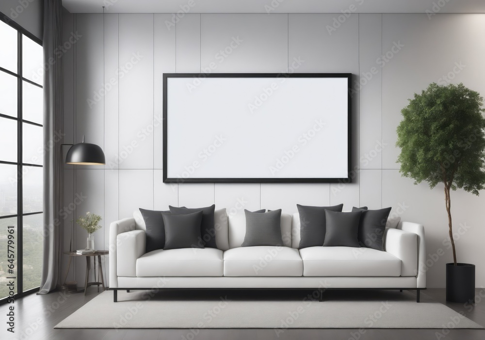 Fototapeta premium Blank frame. Modern living room with a gray sofa, coffee table, and houseplants.
