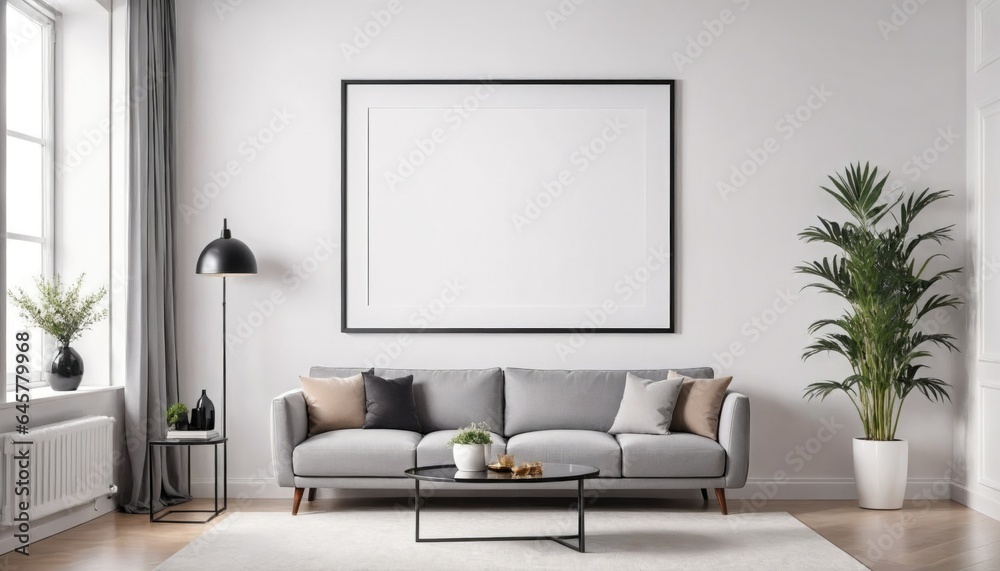 Blank frame. Modern living room with a gray sofa, coffee table, and houseplants. Blank frame. Modern living room with a gray sofa, coffee table, and houseplants.