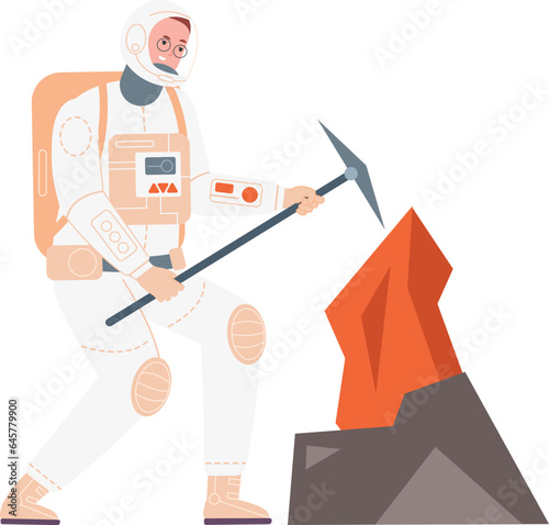 Man in spacesuit mining rocks. Astronaut with pickaxe exploring planet ground