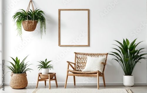Living room with a blank picture frame, a wooden chair, and plants in woven baskets.