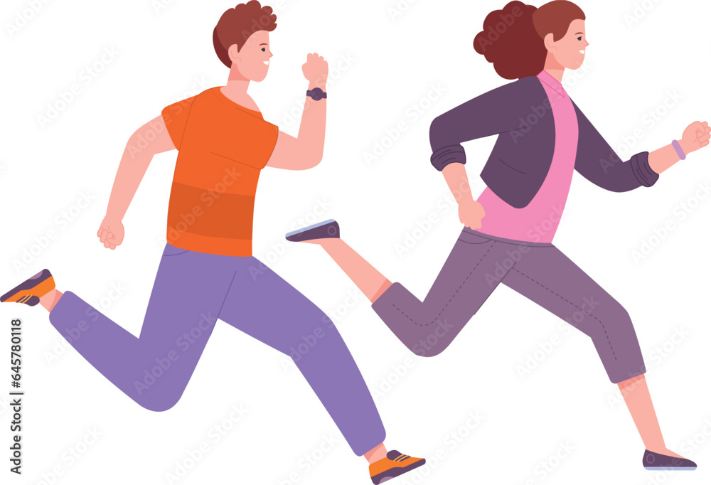 Hurrying man and woman. Running people. Race or competition Hurrying man and woman. Running people. Race or competition