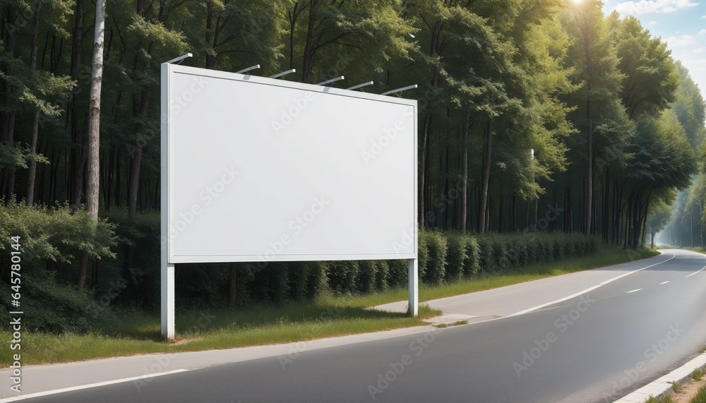 Blank billboard on a road with trees in autumn foliage and a blue sky Blank billboard on a road with trees in autumn foliage and a blue sky