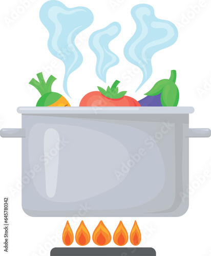 Vegetables boiling in cooking pot on stove. Cooking icon