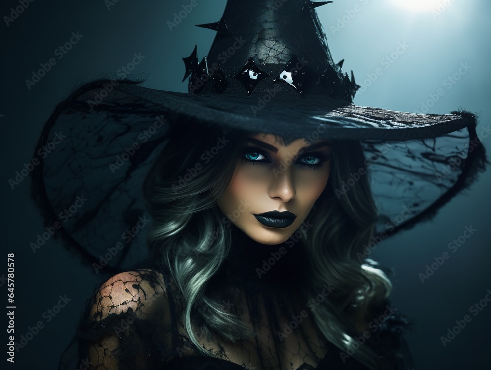 Portrait of sexy beautiful scary woman wear gothic witch costume and hat isolated on dark background with copy space, idea of Halloween party. - obrazy, fototapety, plakaty 