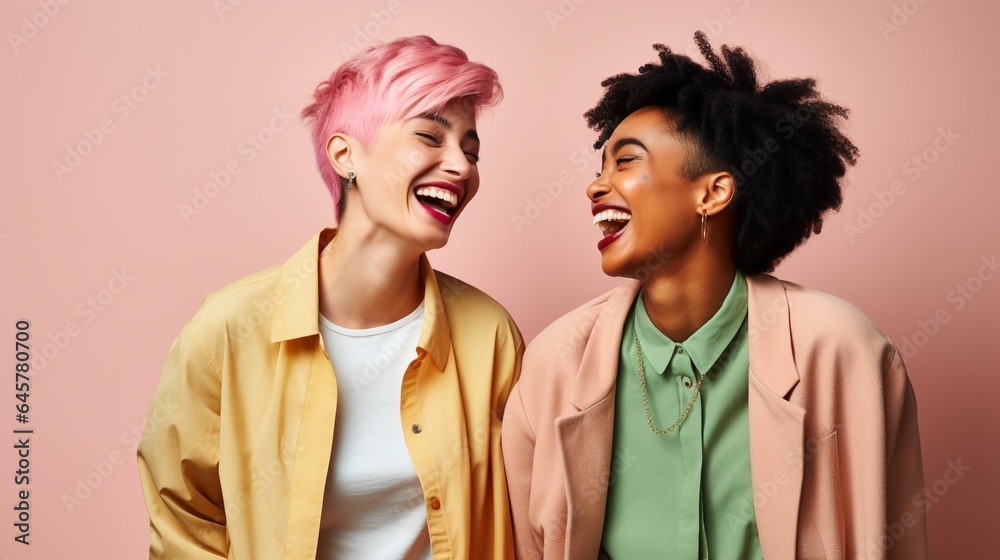 Two interracial best friends laughing and have a great time together, isolated on pink background, studio shot. Two interracial best friends laughing and have a great time together, isolated on pink background, studio shot.