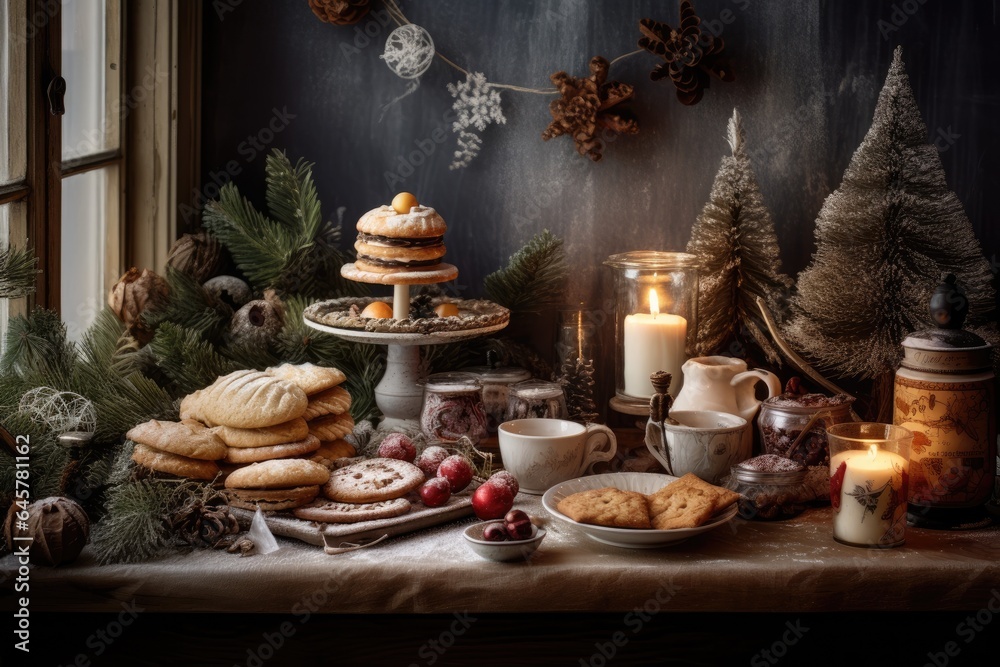 New Year's table with cookies, Christmas tree and small Christmas trees on it, against background of garland of Christmas decorations