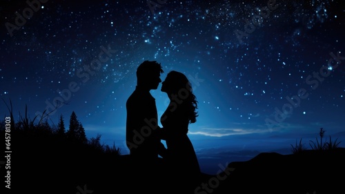 Silhouette of lovers at night against a starry sky, happy anniversary wallpaper with copy space for text