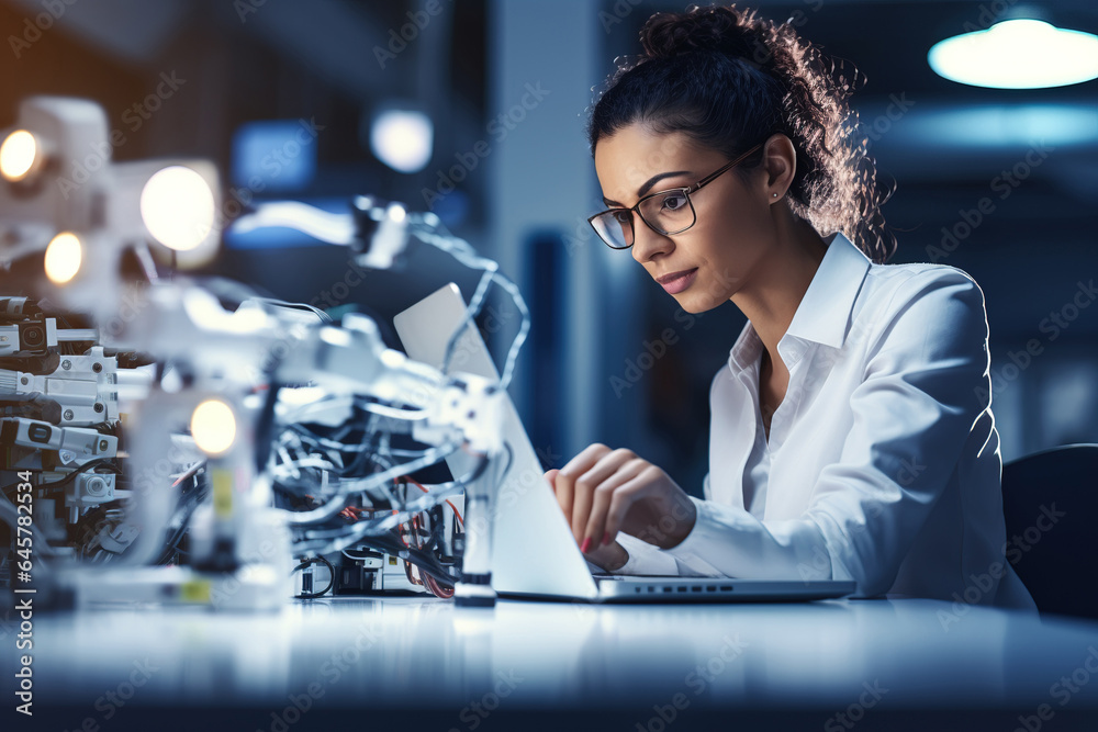 A young female engineer in the field of machine learning, works at her ...